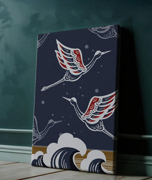 Illustrative cranes flying over ocean waves with dark background