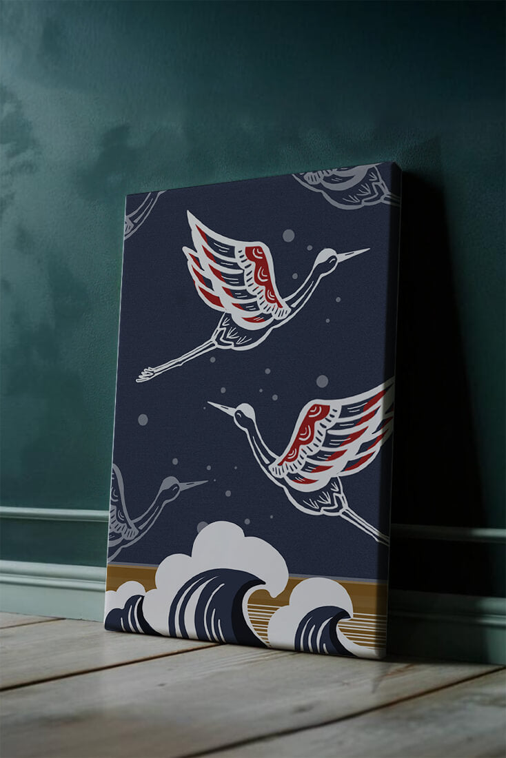 Illustrative cranes flying over ocean waves with dark background