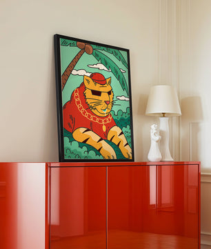 Stylish cartoon tiger lounging under a tropical palm tree with gold accessories