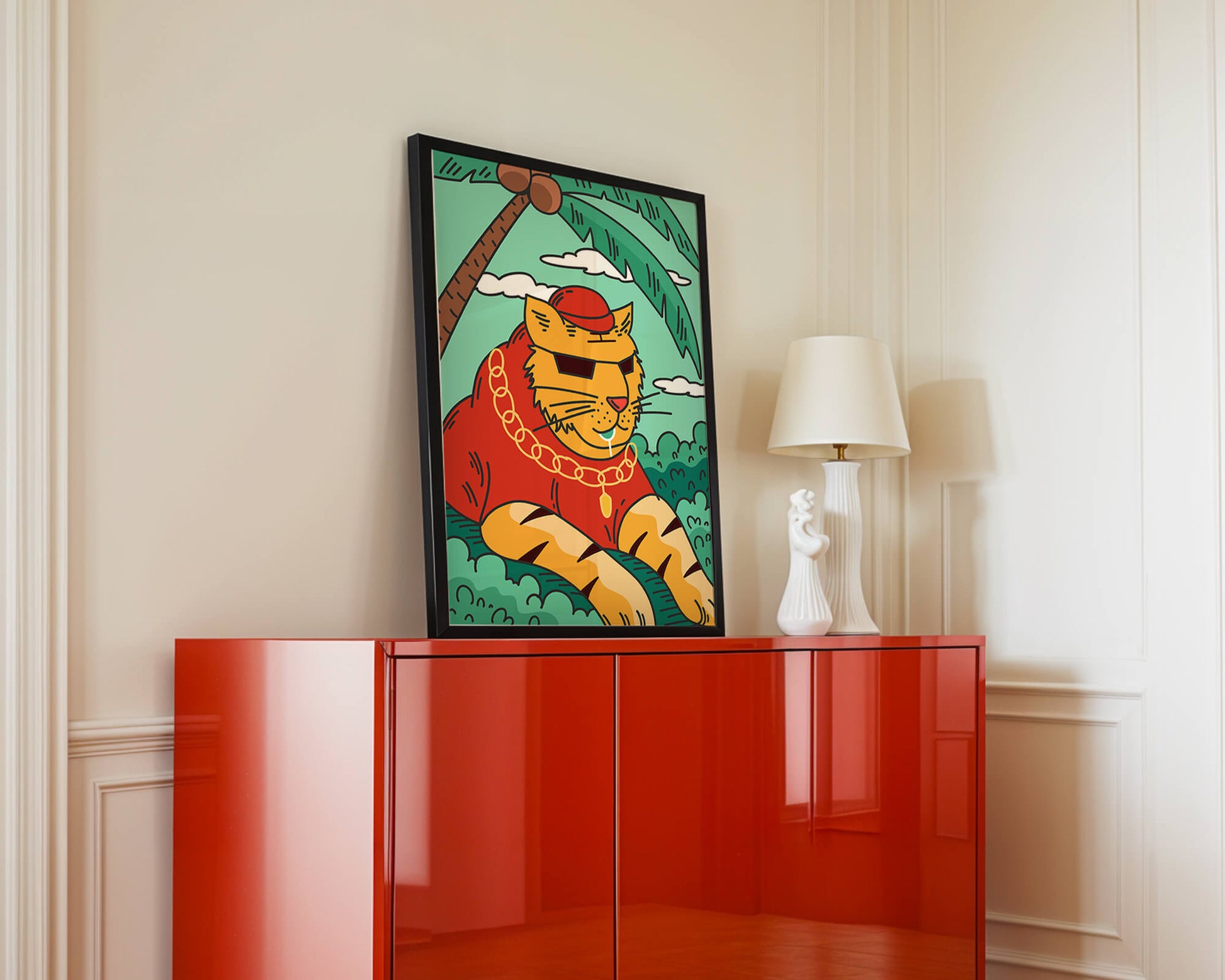 Stylish cartoon tiger lounging under a tropical palm tree with gold accessories
