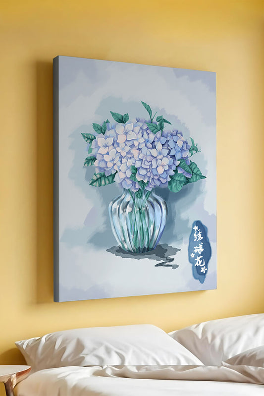 Watercolor hydrangeas in a glass vase with Chinese characters