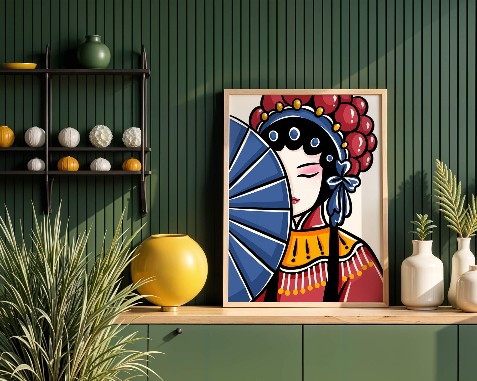 Traditional Asian opera character with fan and decorative headpiece