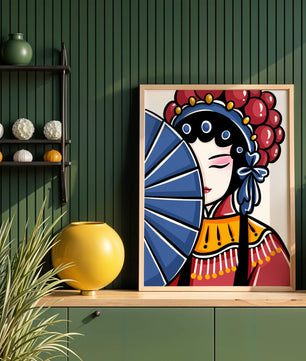 Traditional Asian opera character with fan and decorative headpiece