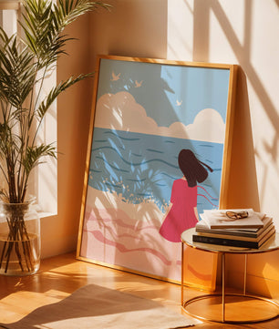 Serene seaside illustration with a girl in a pink dress gazing at the ocean