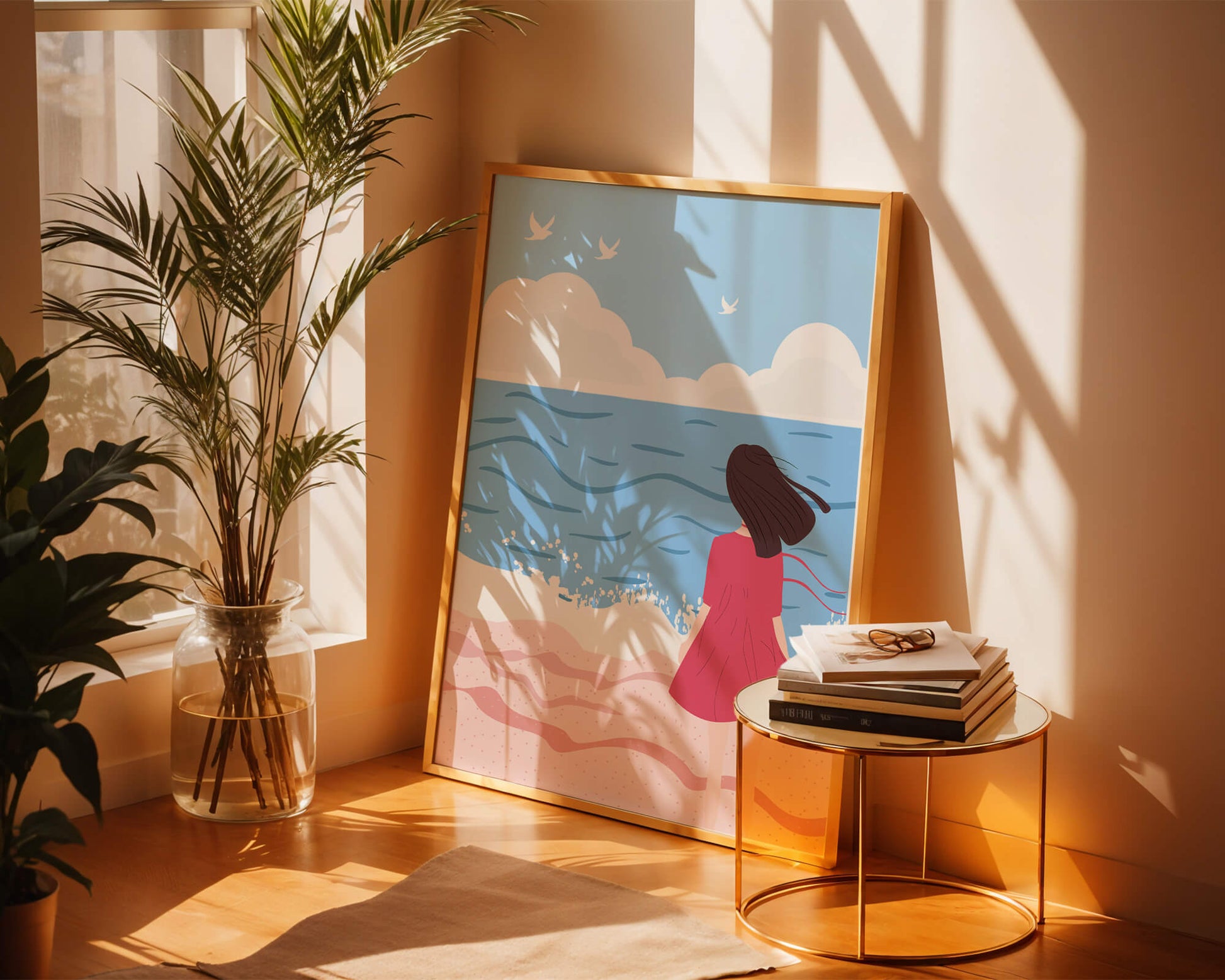 Serene seaside illustration with a girl in a pink dress gazing at the ocean