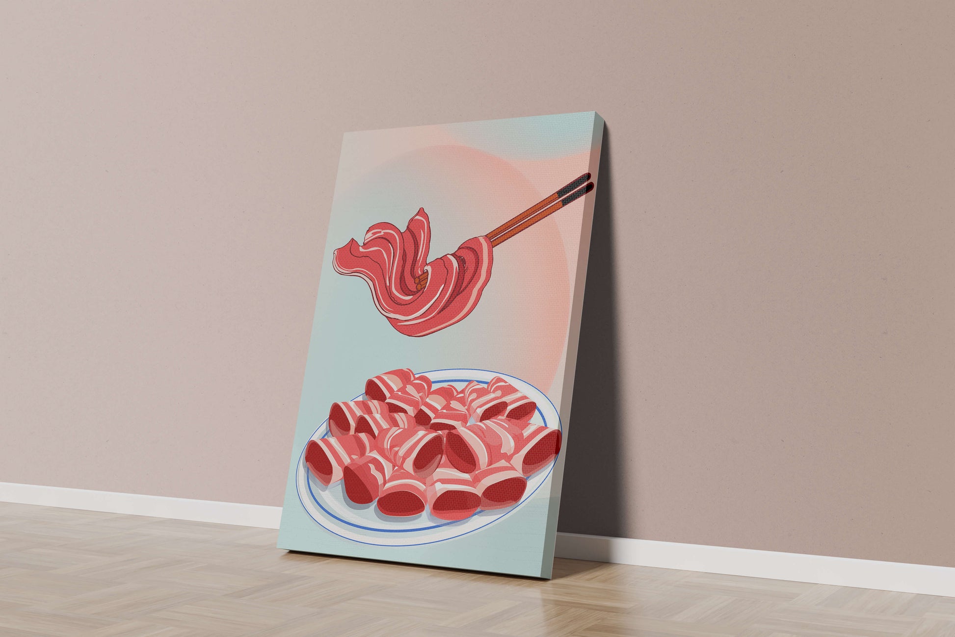 Delicious raw meat slices on plate with chopsticks in background