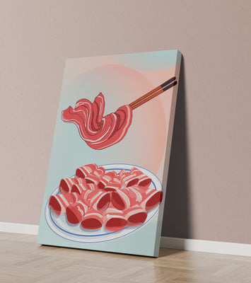 Delicious raw meat slices on plate with chopsticks in background