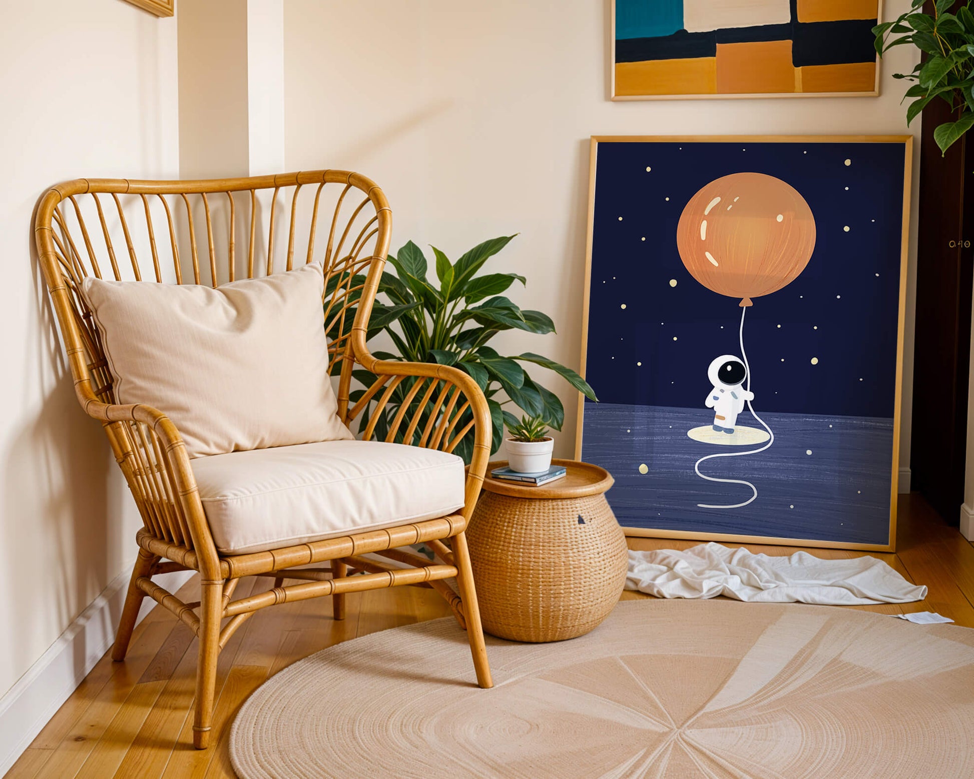 Charming Astronaut Holding Large Orange Balloon Under Starry Sky