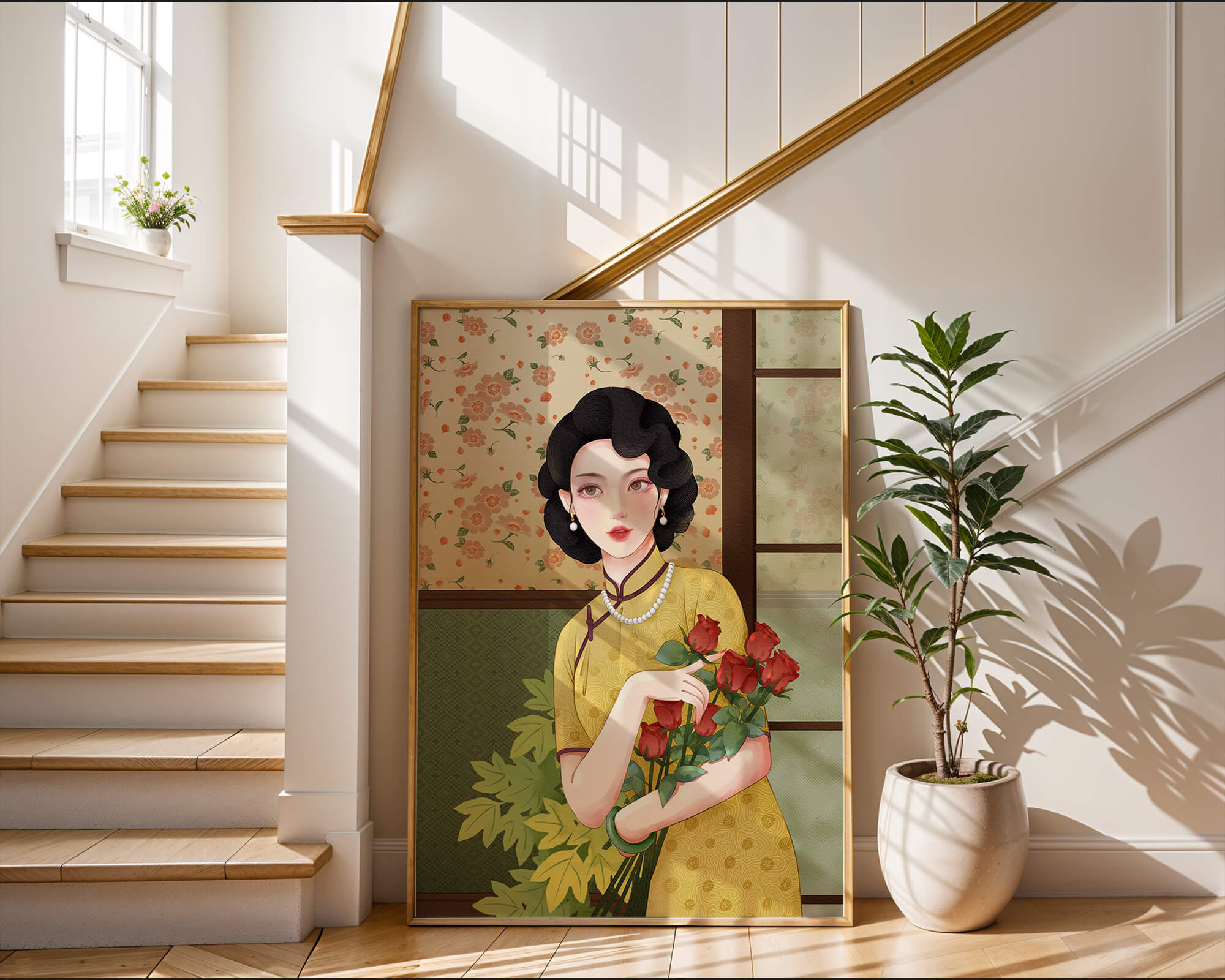 Elegant woman with floral backdrop holding a bouquet