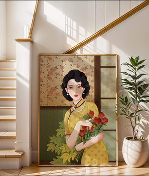 Mujer elegante con fondo floral sosteniendo un ramo