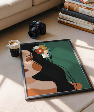 Elegante Illustration einer Frau mit floralem Haarteil