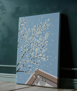 Blooming Branches Against a Clear Sky with Geometric Shapes