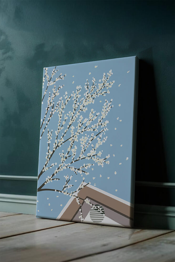 Blooming Branches Against a Clear Sky with Geometric Shapes