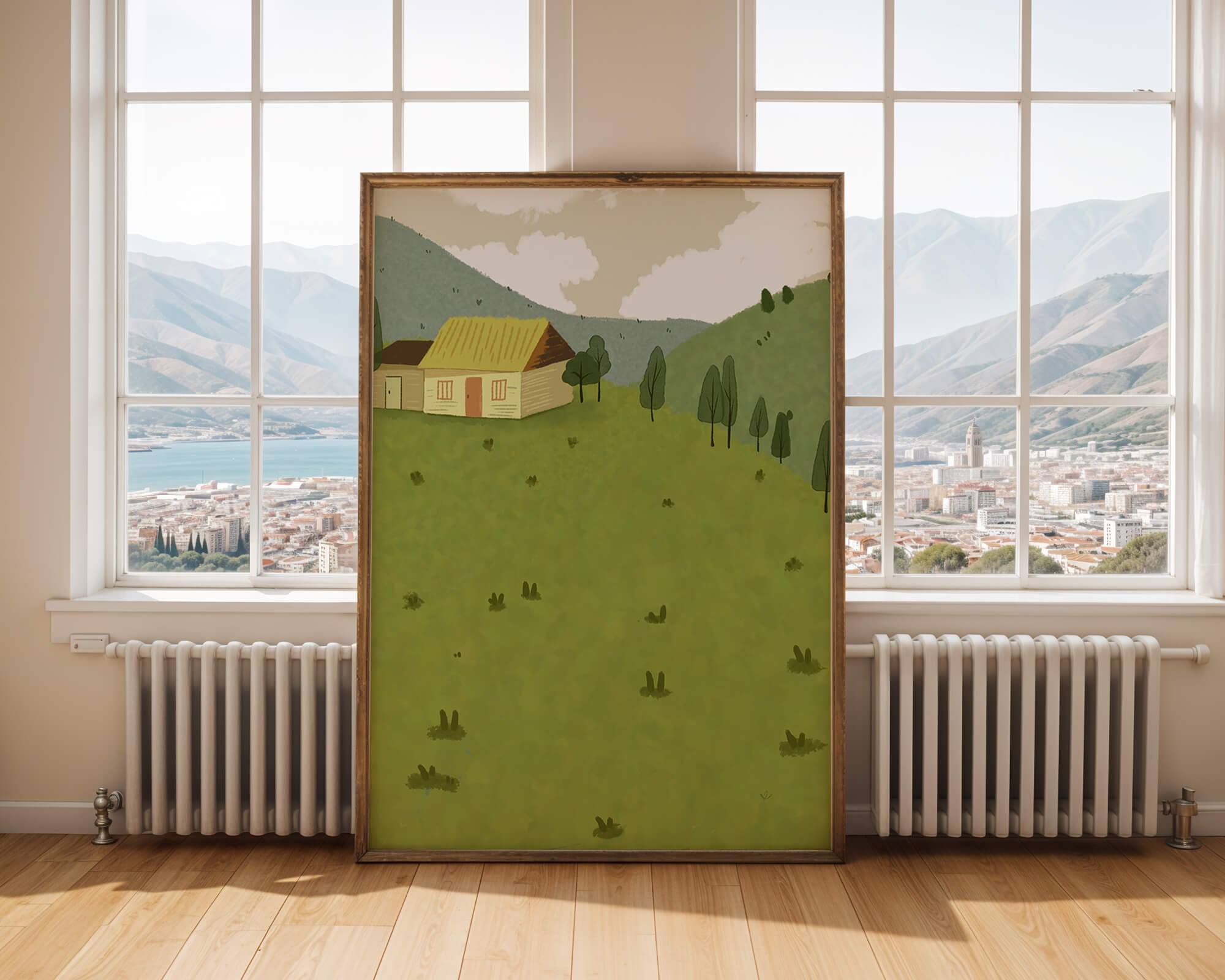 Charming countryside landscape with house and green hills