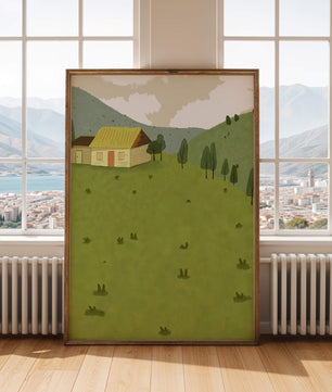 Charming countryside landscape with house and green hills