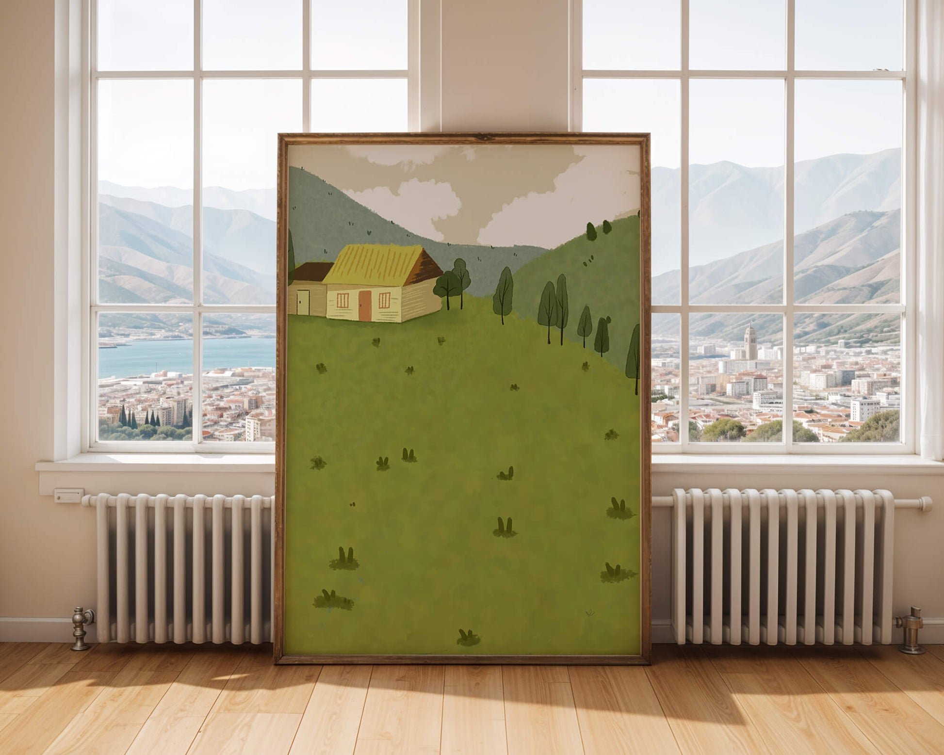 Charming countryside landscape with house and green hills