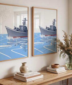 Illustrative depiction of a warship sailing on calm waters