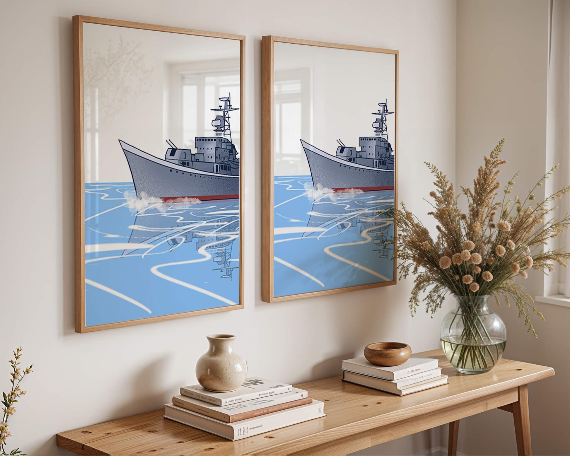 Illustrative depiction of a warship sailing on calm waters