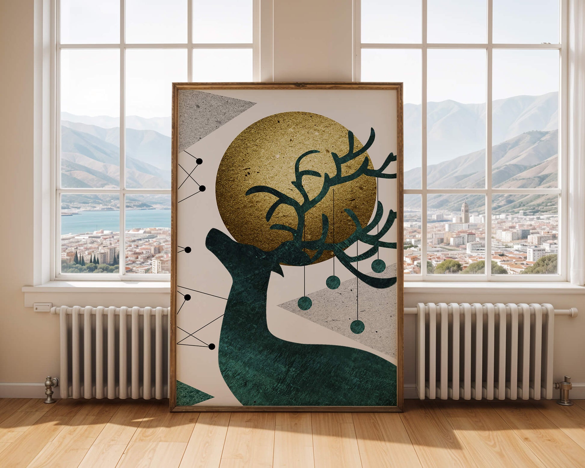 Abstract Geometric Deer with Gold Circle and Modern Design