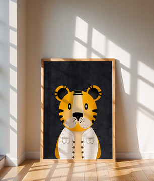 Illustration of cute cartoon tiger character in stylish outfit on dark background
