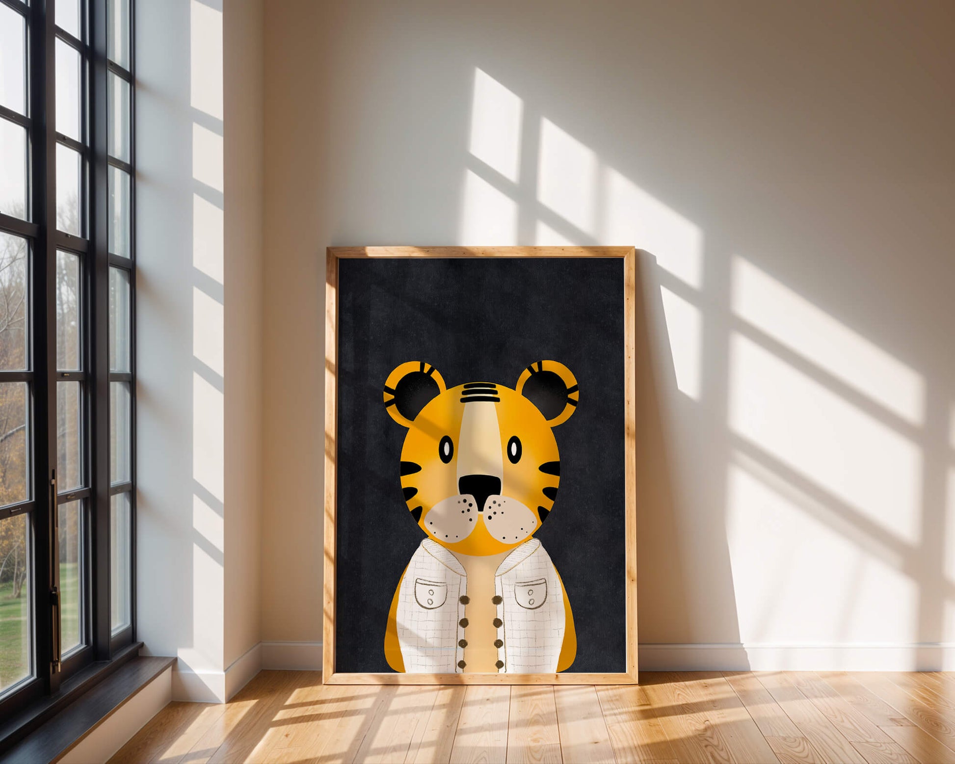 Illustration of cute cartoon tiger character in stylish outfit on dark background
