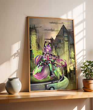 Cyberpunk-Anime-Figur im futuristischen Stadtbild 