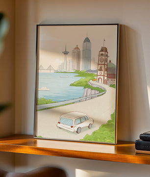Scenic coastal cityscape with modern buildings and a classic clock tower