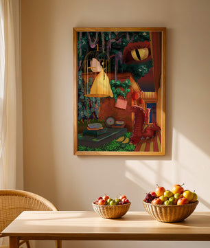 Jardín encantado con hada, serpiente y elementos misteriosos