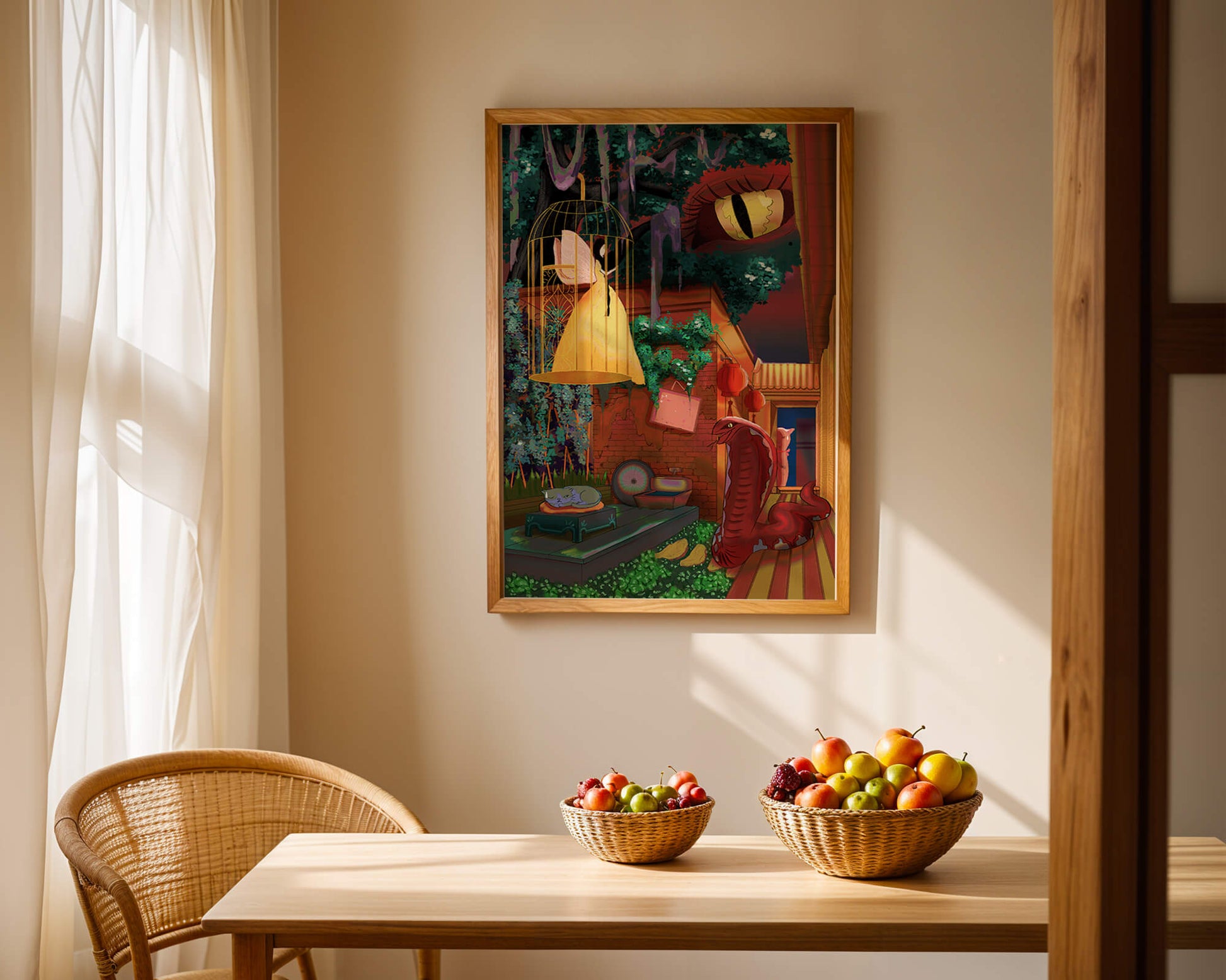 Enchanted garden with fairy, snake, and mysterious elements