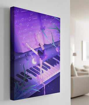 Graceful Ballerina Dancing on Piano Amidst Flowers and Musical Notes