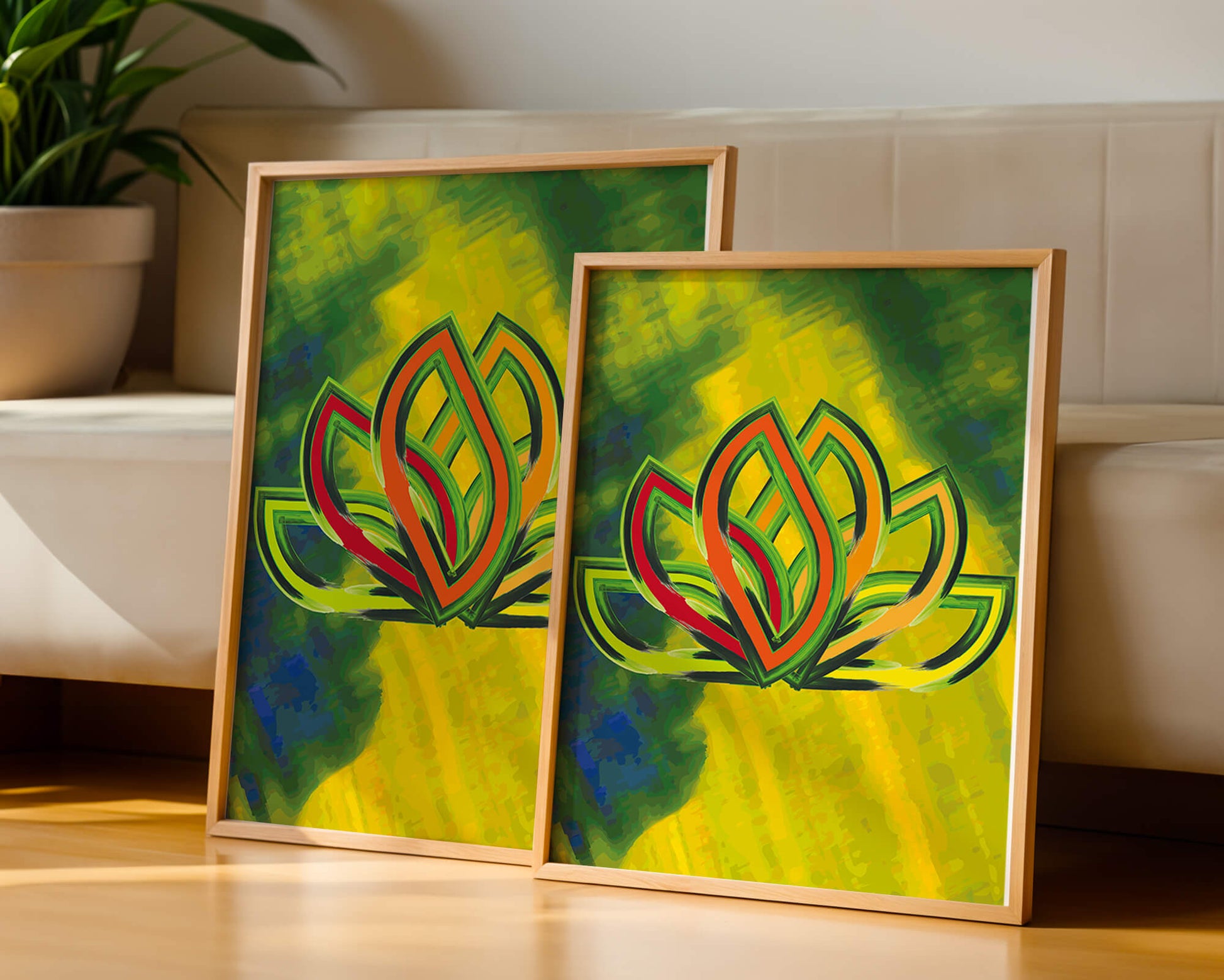 Diseño abstracto de loto con colores vivos y formas orgánicas