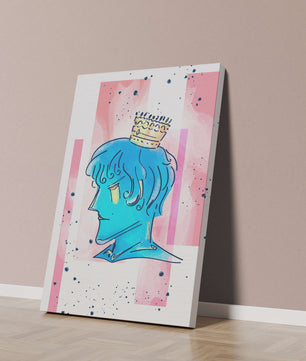 Illustration artistique d’un personnage au visage bleu avec une couronne dorée sur un fond abstrait
