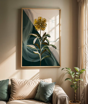 Abstract floral design featuring a golden flower with textured leaves