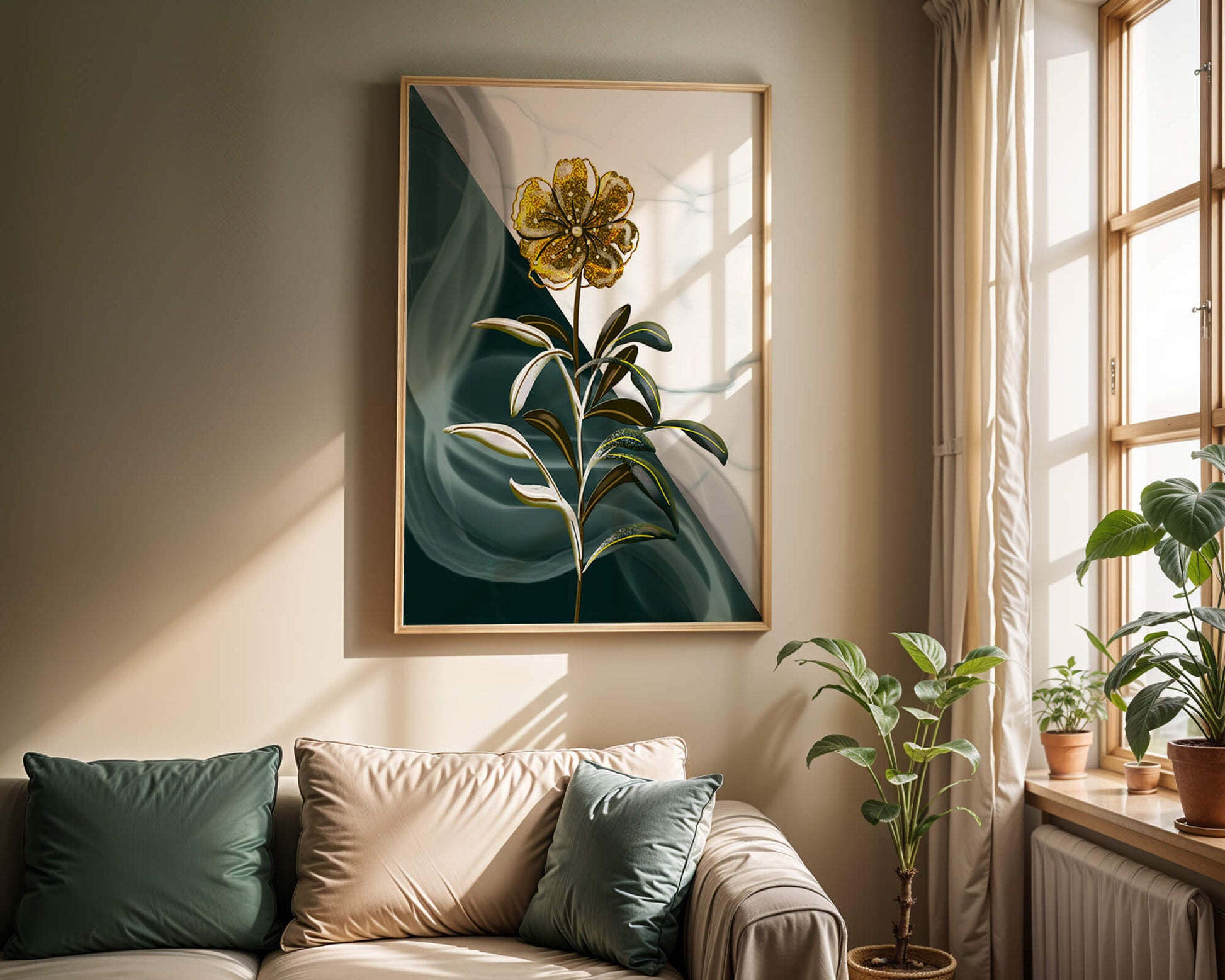 Abstract floral design featuring a golden flower with textured leaves