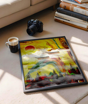 Abstract Landscape with Swirling Colors and Red Sun