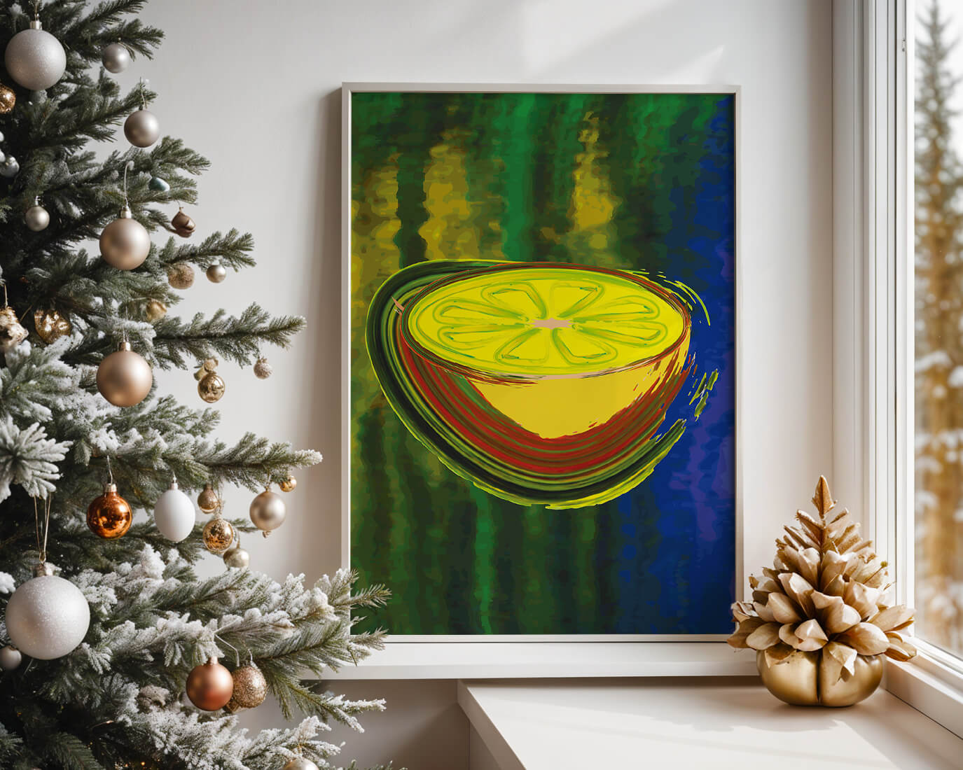 Vibrant abstract lemon slice with a colorful background
