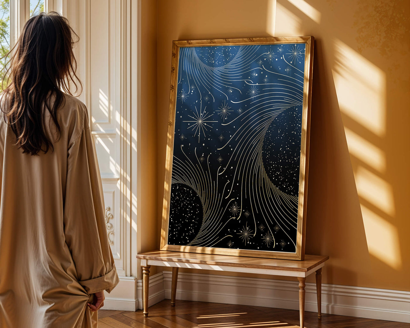 Elegant starry night with golden cosmic swirls