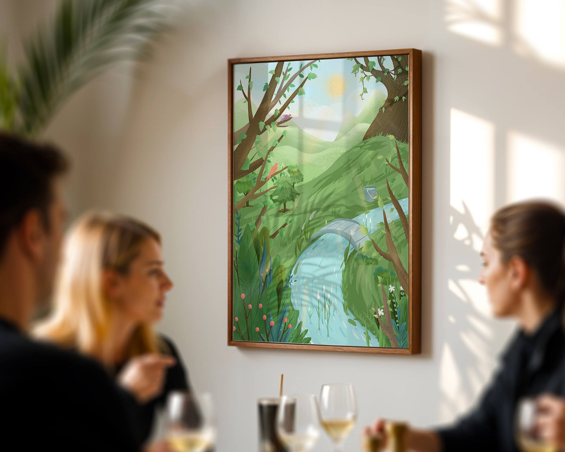 Paisaje sereno con aves y río bajo un cielo soleado