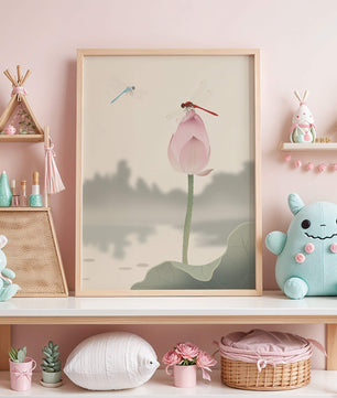 Dragonflies on a Lotus Bud with Serene Landscape