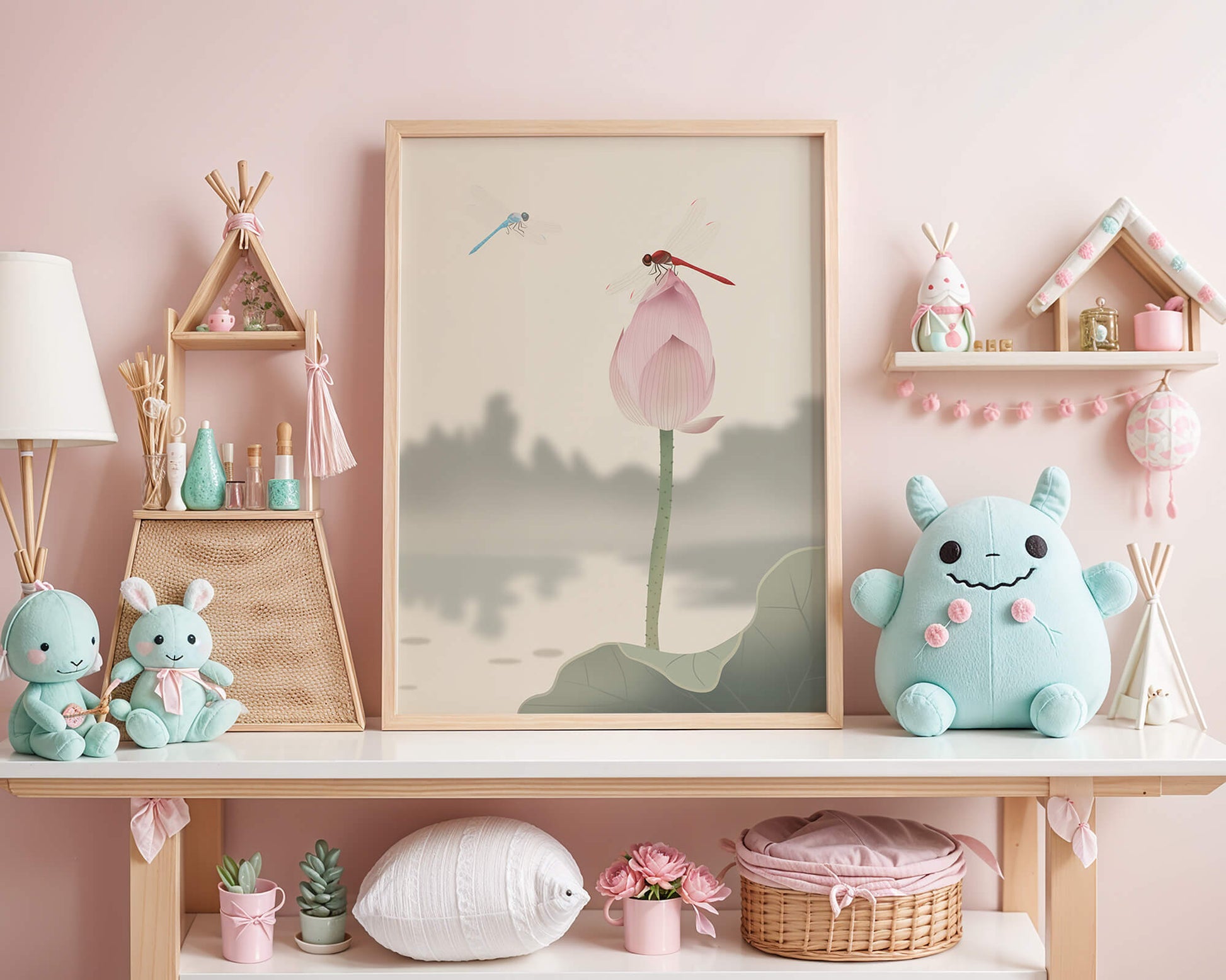 Libélulas sobre un capullo de loto con paisaje sereno