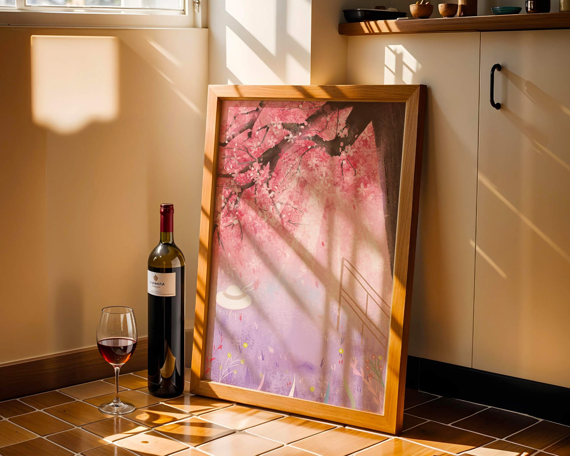 Cherry Blossom Garden with Spring Flowers and Sunlight