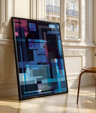Arte digital geométrico abstracto con tonos azules y morados