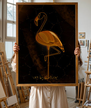 Elegant golden flamingo on abstract dark background