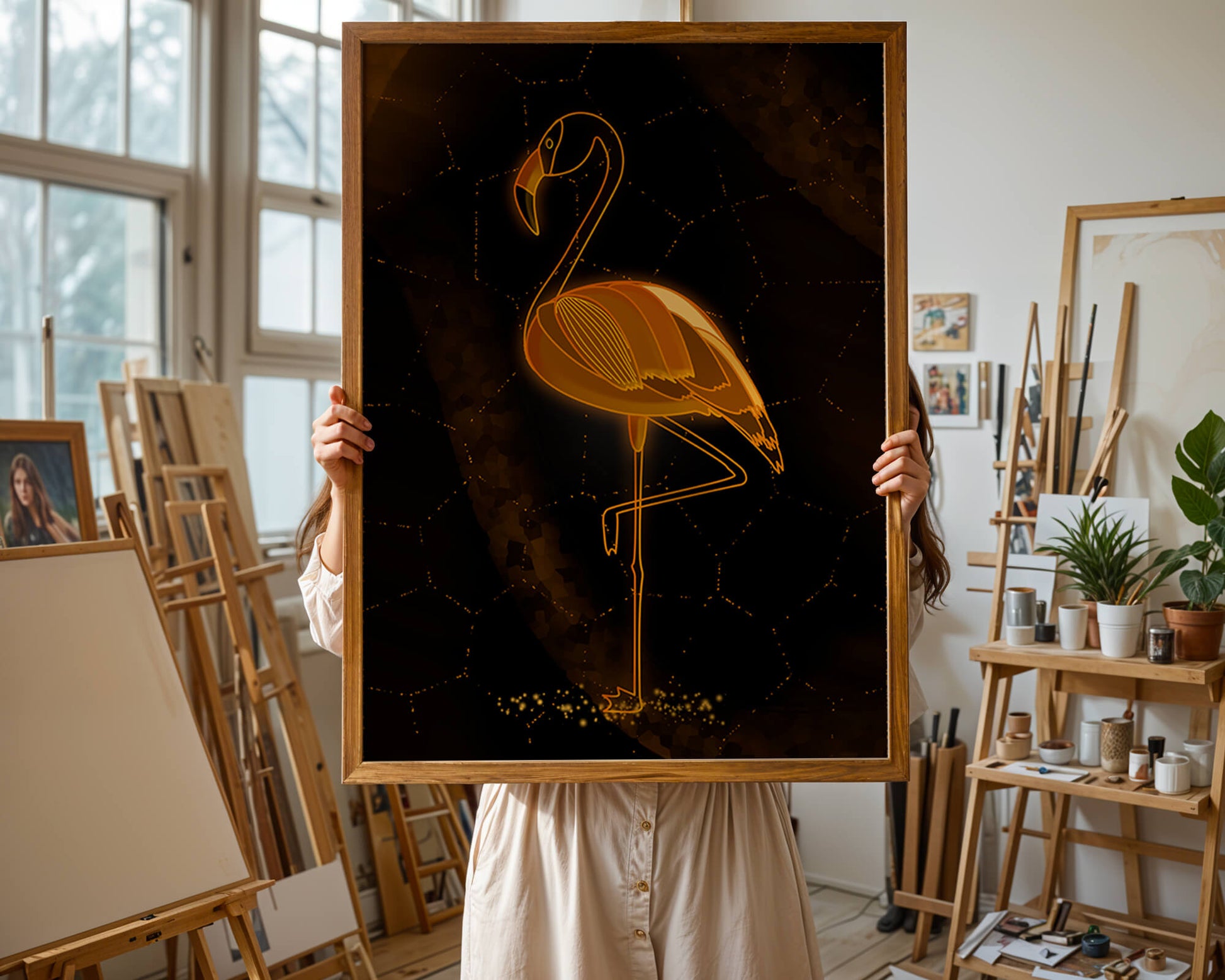 Elegant golden flamingo on abstract dark background