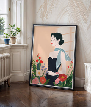 Elegant Woman with Floral Background and Scarf