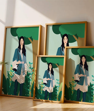 Illustrative portrait of a woman in a stylish outfit with nature backdrop