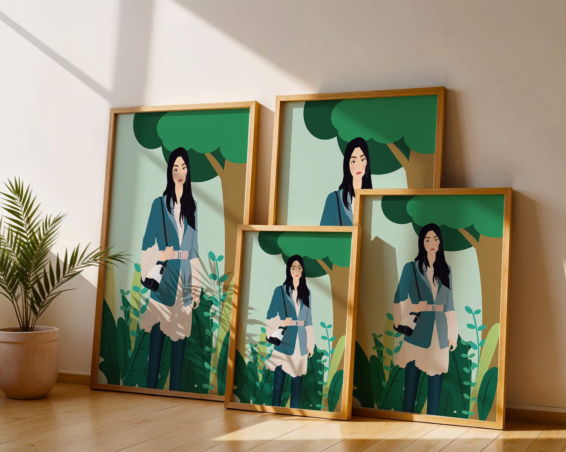 Illustrative portrait of a woman in a stylish outfit with nature backdrop
