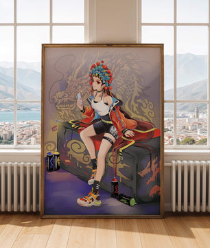 Anime art of a girl in traditional attire with urban elements