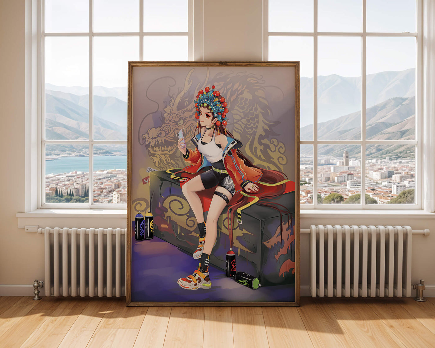 Anime art of a girl in traditional attire with urban elements