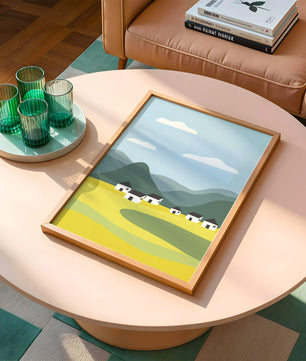 Pastoral Landscape with Mountains and Houses Under Blue Sky